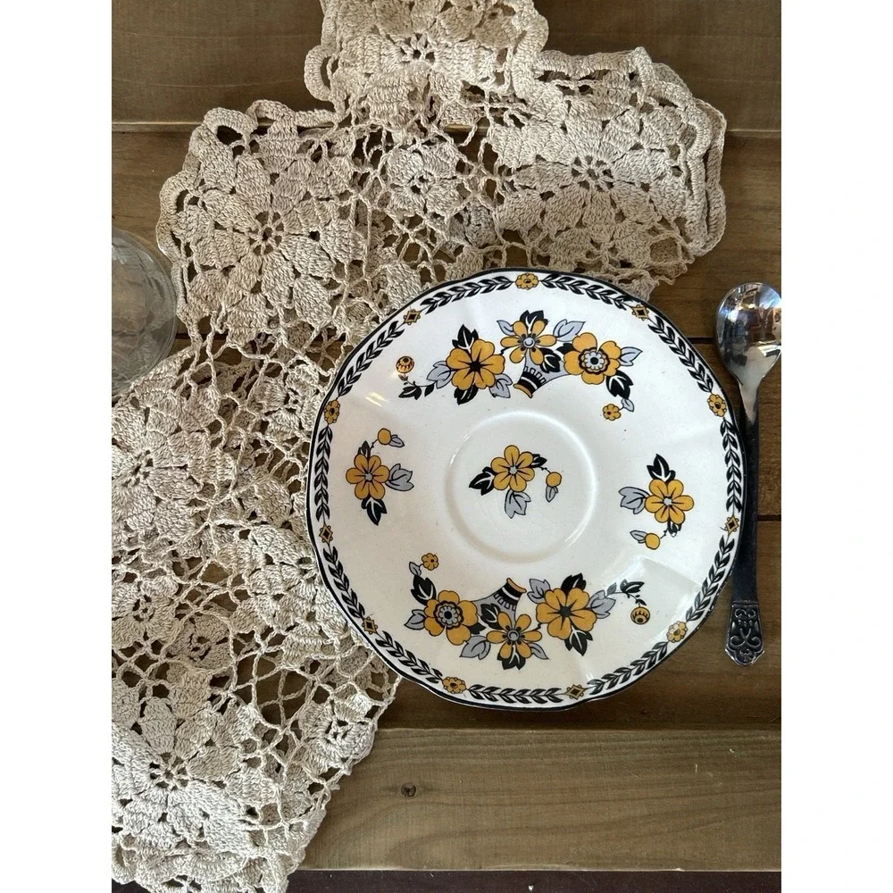 Set of 3 Vintage Allertons England Yellow and Black Floral Saucer Set